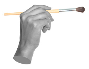 Woman hand holds paint brush, isolated on transparent background, painting and design concept....