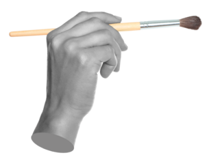 Woman hand holds paint brush, isolated on transparent background, painting and design concept. Contemporary art