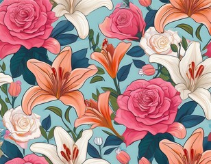seamless floral pattern with roses and lilies