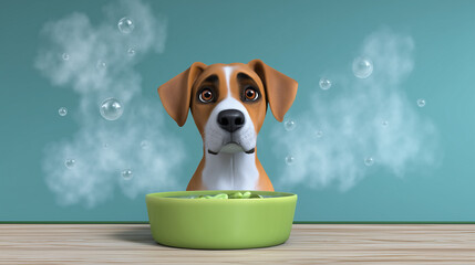 Dog Eagerly Enjoying Food From Green Bowl on Wooden Surface With Steam Rising in Inviting Kitchen Atmosphere