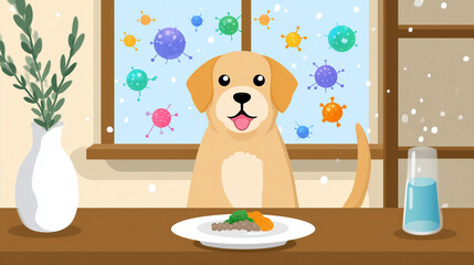 Happy Pet Enjoys a Delicious Meal While Watching the Snow Fall Outside