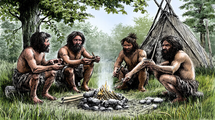 Gathering Around the Fire, Early Humans Exchange Stories and Food in a Prehistoric Market Setting