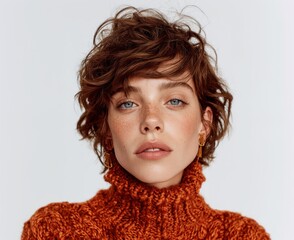 Close-up portrait of a young woman with freckles, blue eyes, and curly brown hair, wearing a knitted sweater.