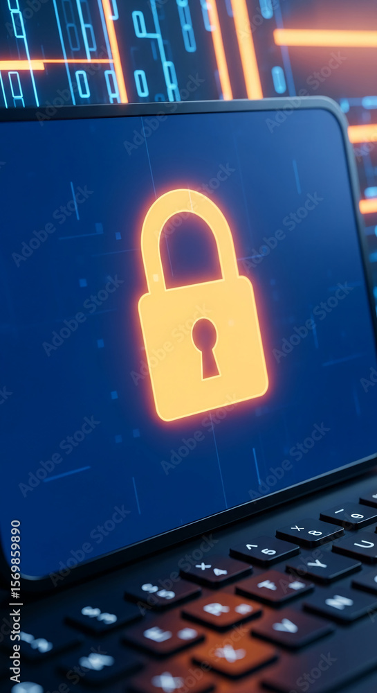 Poster laptop screen displaying glowing orange padlock symbol on dark blue background, binary code backdrop