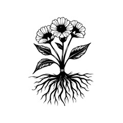 Illustration of a plant with roots and flowers conveys growth and connection to nature symbolism