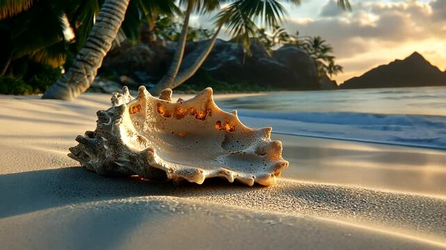 A beautifully detailed conch shell resting on a sandy beach at sunset, surrounded by palm trees