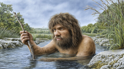 Man Fishing in a River During Early Morning Under a Cloudy Sky in a Natural Setting