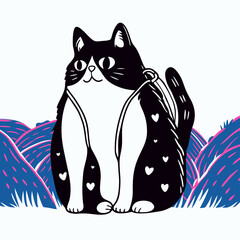 Cute Cartoon Cat with Backpack in Hills Illustration
