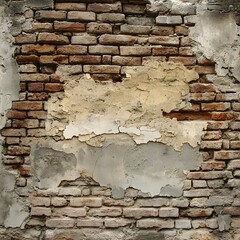 Aged brick wall with peeling plaster and weathered texture