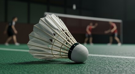 Shuttlecock on Court with Badminton Players