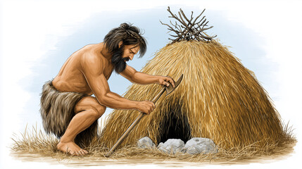 Man Constructs a Traditional Hut Using Branches and Straw in a Primitive Environment