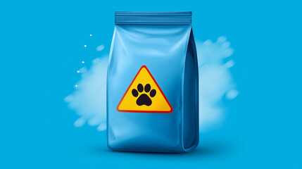 Illustration of Colorful Pet Food Packaging With a Caution Sign Indicating Pet Safety