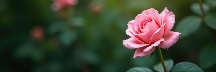 Fototapeta premium Delicate pink rose, single blooms, long stems, lush foliage, pink flower, long stem rose