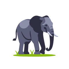 Fototapeta premium Cute Elephant Cartoon Illustration - Adorable Animal Graphic for Kids - Vector Image of an Elephant with Tusks on Green Grass - Wildlife Art