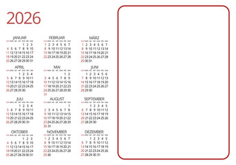 German 2026 calendar with clean design and copy space. Day, month and year