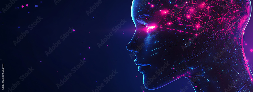 Poster artificial intelligence and robot head with glowing lines connecting dots on a dark blue background.
