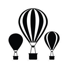 Obraz premium Three black and white striped hot air balloons, minimalist design, symbolic of adventure and travel.