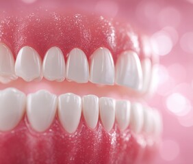 Obraz premium Close-up showcasing a set of gleaming white teeth against a soft pink backdrop, emphasizing dental hygiene.