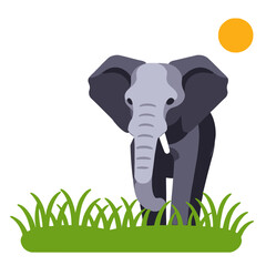 Naklejka premium Elephant Illustration-Cute Animal Graphics-Cartoon Elephant in Grass-Wildlife Art-African Elephant Design-Childrens Illustration-Elephant Under Sun-Nature Scene