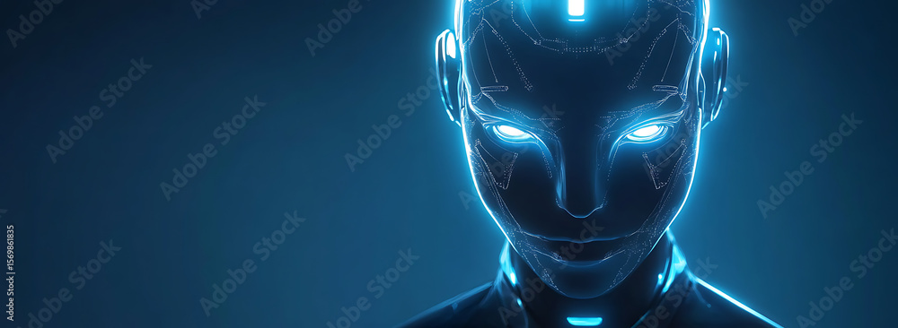 Poster artificial intelligence and robot head with glowing lines connecting dots on a dark blue background.