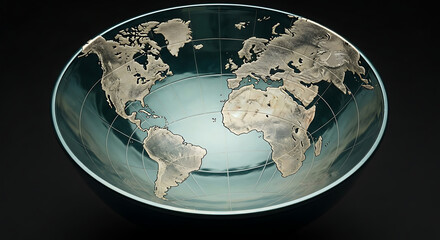 World map depiction inside a shallow bowl, showing continents and oceans, with a grid overlay.