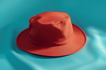 A vibrant, rust-colored hat sits on a teal surface.