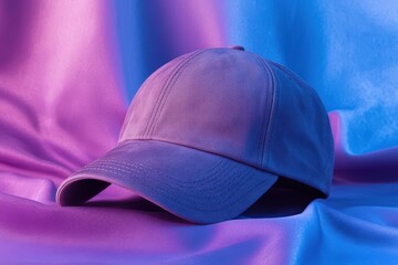 A stylish purple-blue baseball cap on a draped fabric background.