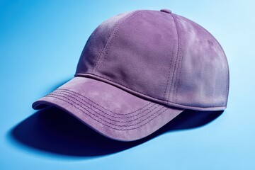 Purple suede baseball cap angled on a bright blue background.