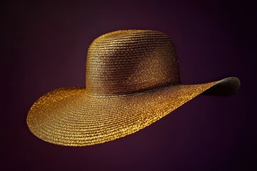 Golden summer hat against a deep purple background.