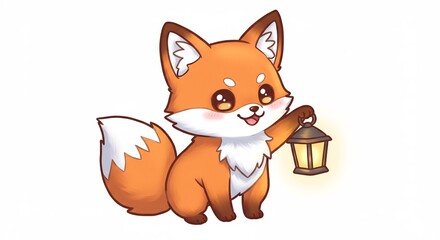Obraz premium 可愛い狐の赤ちゃん 暖かい光灯提灯持ち歩く. AI Generated