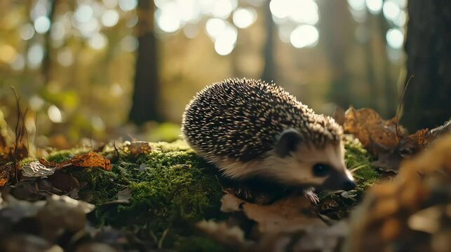 A small hedgehog rests on a bed of moss in a forest. The scene is surrounded by autumn leaves and soft sunlight filtering through the trees.