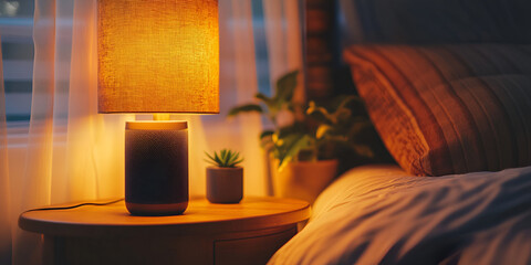 Cozy bedroom with warm lamp light, Interior design with bedside lamp and plants, Relaxing night setting in bedroom

