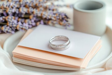Delicate wedding rings rest on a stack of cards.