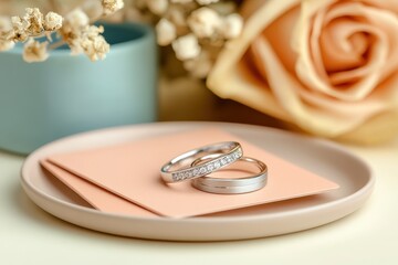 Two wedding rings rest on a peach-colored card.