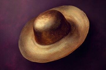 Detailed view of a golden-toned wide-brimmed hat.