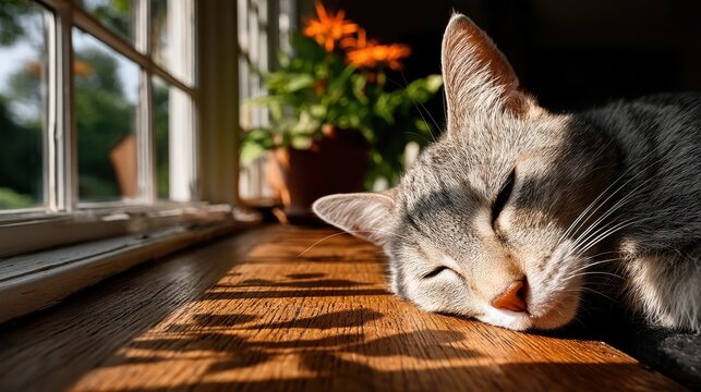 A gray and white cat rests comfortably on a wooden in the warm sunlight streaming through the window