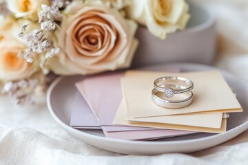 Wedding rings resting on pastel colored cards amongst a bouquet of roses.