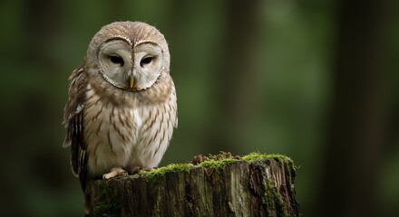 森深く静かに佇むフクロウ 柔らかな光浴びて眠る. AI Generated