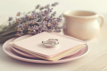 Elegant wedding rings rest on delicate stationery.