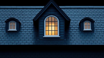 Obraz premium A dark-blue-tiled roof with a lit attic window