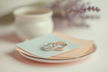 Delicate wedding rings rest atop pastel-colored papers.