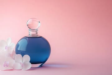 Elegant perfume bottle with delicate flowers on a pastel background.