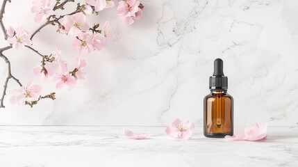 Soft pink spring flowers in bloom against a marble background with a glass dropper bottle of natural essential oil evoking a sense of serenity and beauty
