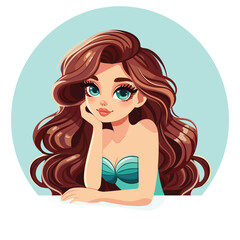 Portrait of a cute girl with beautiful eyes and hair on white background. Poster, Banner, Flyer, Greeting Card. Vector illustration in flat cartoon style