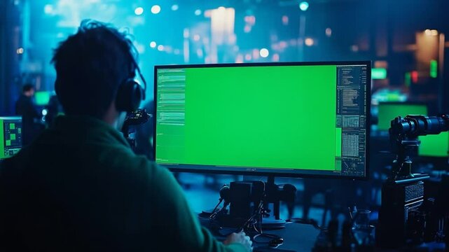 Cybersecurity professional working with green screen monitor in a data center environment,