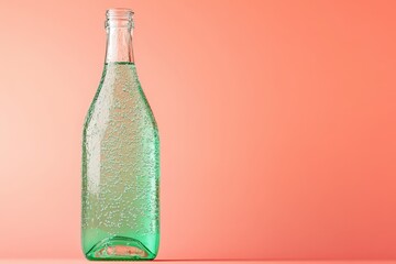 Mint green glass bottle filled with carbonated drink against a coral background.