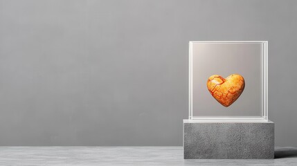 A warm heart shaped baked pastry showcased in a simple minimalist frame against a neutral background evoking a sense of love and homemade craftsmanship