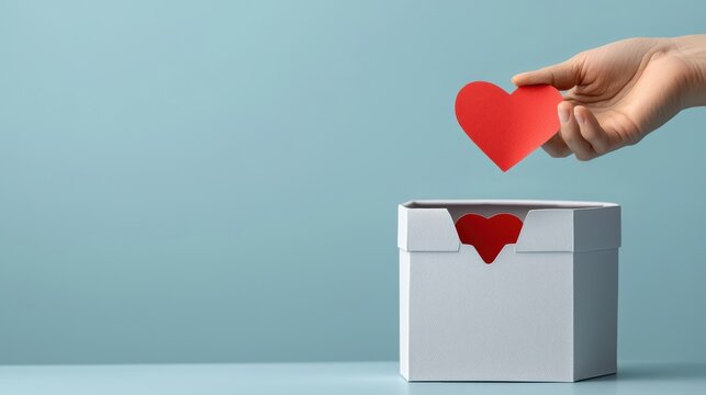 A person s hand gently placing a red heart shaped symbol into a white donation box symbolizing the act of giving caring and supporting others through charitable contributions