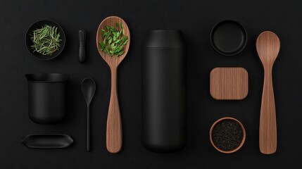 An arrangement of various natural and organic kitchen tools cookware and fresh ingredients on a simple black background showcasing a minimalist and elegant culinary aesthetic  category Lifestyle