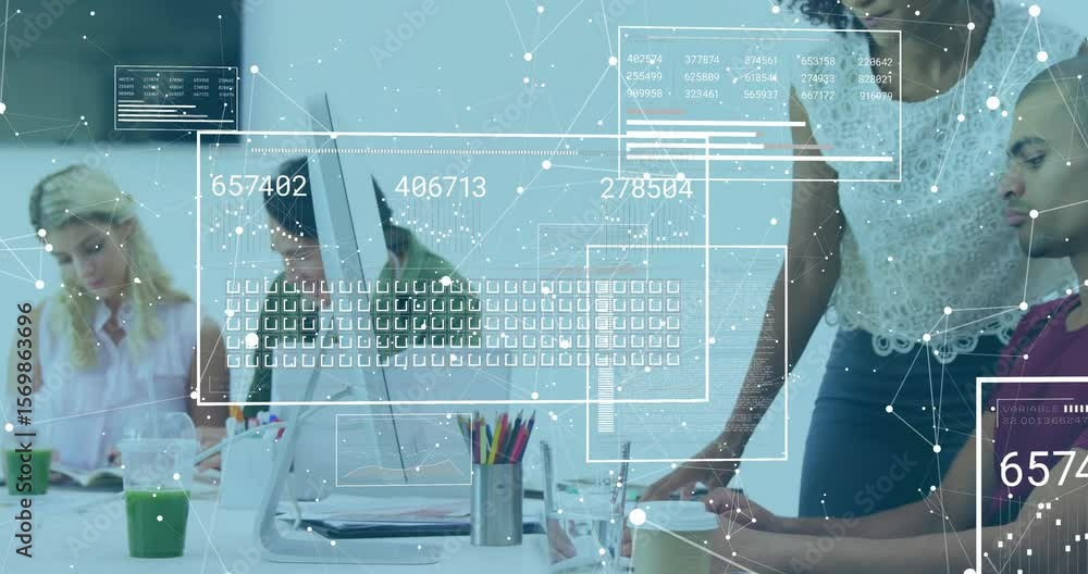 Poster colleague pointing initiating data overlays while team analyzing data on business meeting display